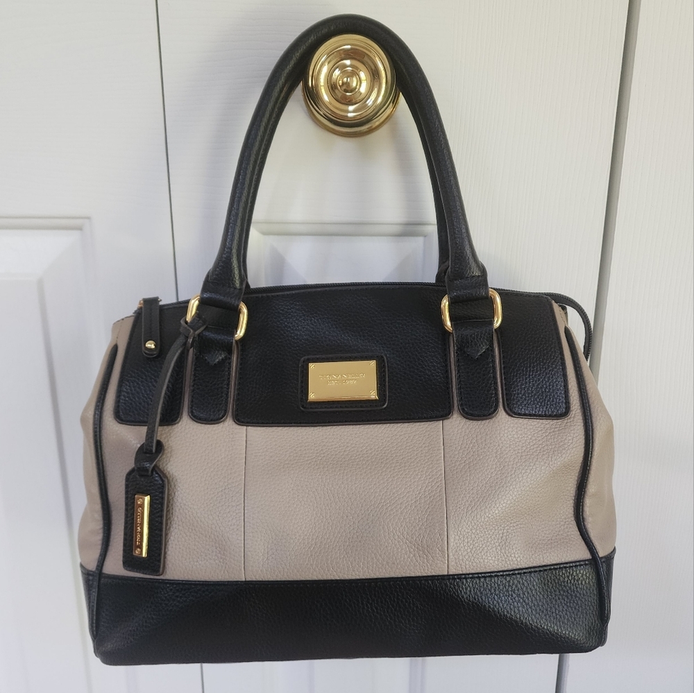 Tignanello Black and Tan Leather Medium Sized Satchel Bag